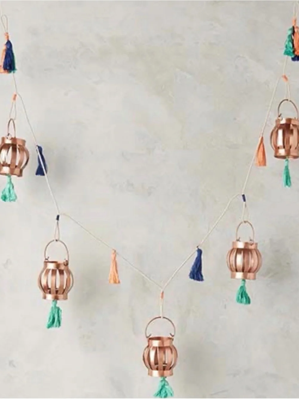 Boho Copper Tone Hanging Lantern Garland Tassel Wall Decor